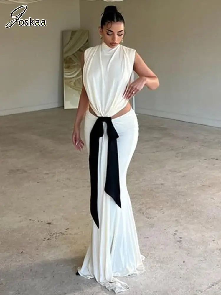 Joskaa 2025 Women's Bowknot Cutout Maxi Mermaid Dresses Sexy O-Neck Sleeveless Backless Bodycon Party Dress Evening Clubwear