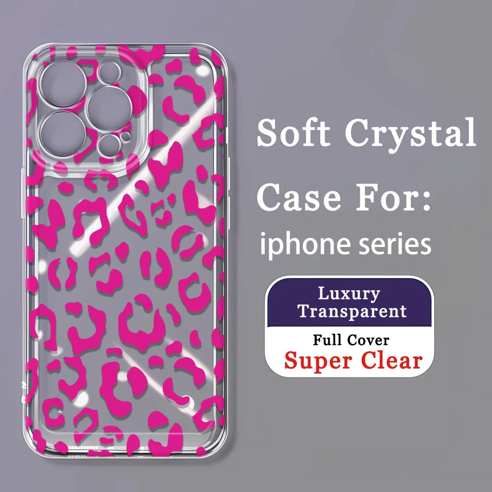 Rose red leopard print Case For iPhone 16 16E 15 14 13 12 11 Pro Max Plus XS XR Funda Silicone Case