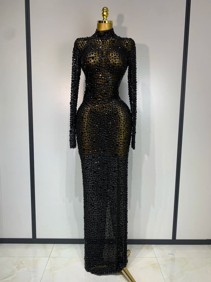 Sparkly Luxury Rhinstones Long Sleeve Elegant Party Dress Women 2025 Performance Stage Outfit Evening Birthday Prom Gown