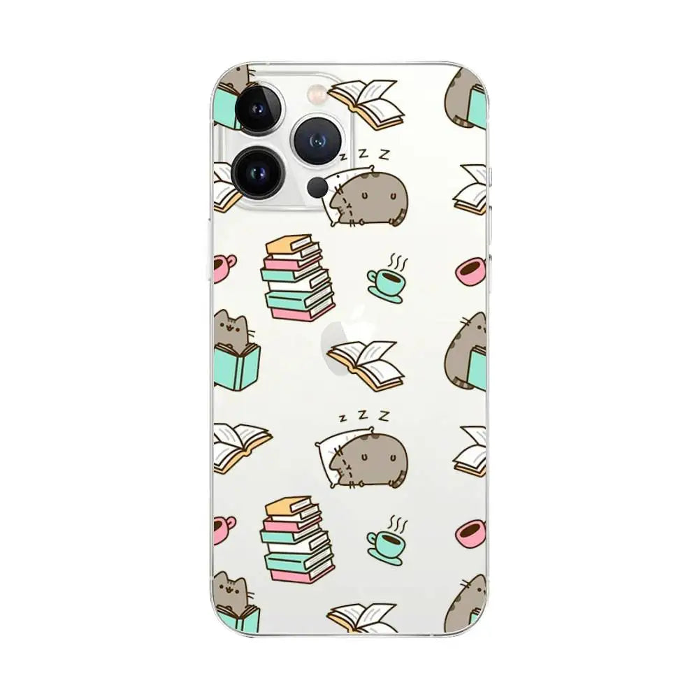 Cute Cartoon Cat P-Pusheens Phone Case Transparent For IPhone 16 15 11 13pro Max 14Plus X Xr Xs Max 12mini - Clear Cover