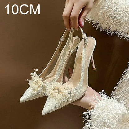 French Bride Gold Wedding Shoes for women Thin Heel Pointed Shallow Mouth Flower Rhinodrill High Heels Bao Head Fashion Sandals