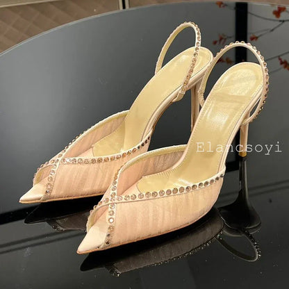 Summer Pointed Toe High Heels Sandals Women Shiny Rhinestone Mesh Back Strap Stiletto Sandalias Sexy Party Banquet Shoes