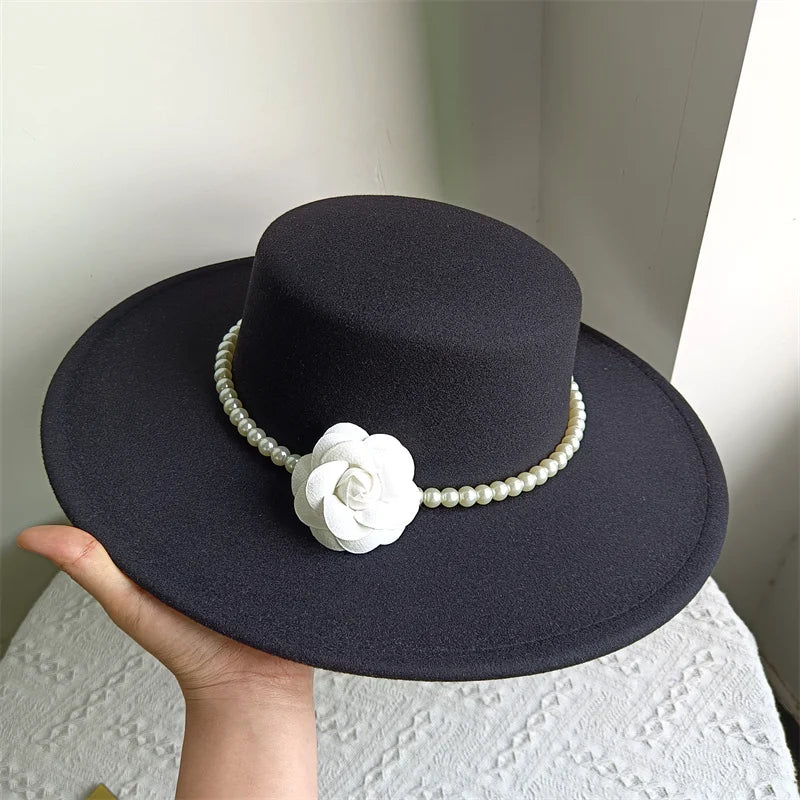French Black Big Brim Top Hat Women Elegant Retro Style Flat-top Fedora Hat British Pearl Floral Wide Brim Hat Photography