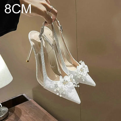 French Bride Gold Wedding Shoes for women Thin Heel Pointed Shallow Mouth Flower Rhinodrill High Heels Bao Head Fashion Sandals