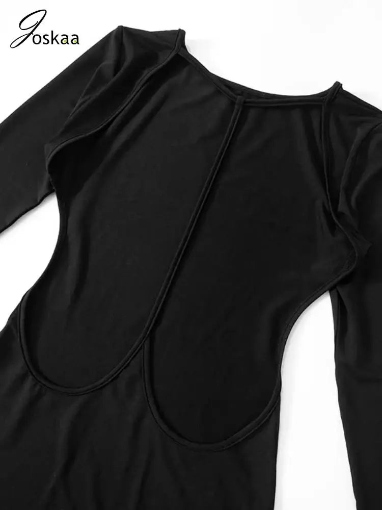 Joskaa Elegant Hollow Out Mini Black Dress Women Sexy O-Neck Long Sleeve Backless Body-Shaping Vestidos Autumn Party Clubwear