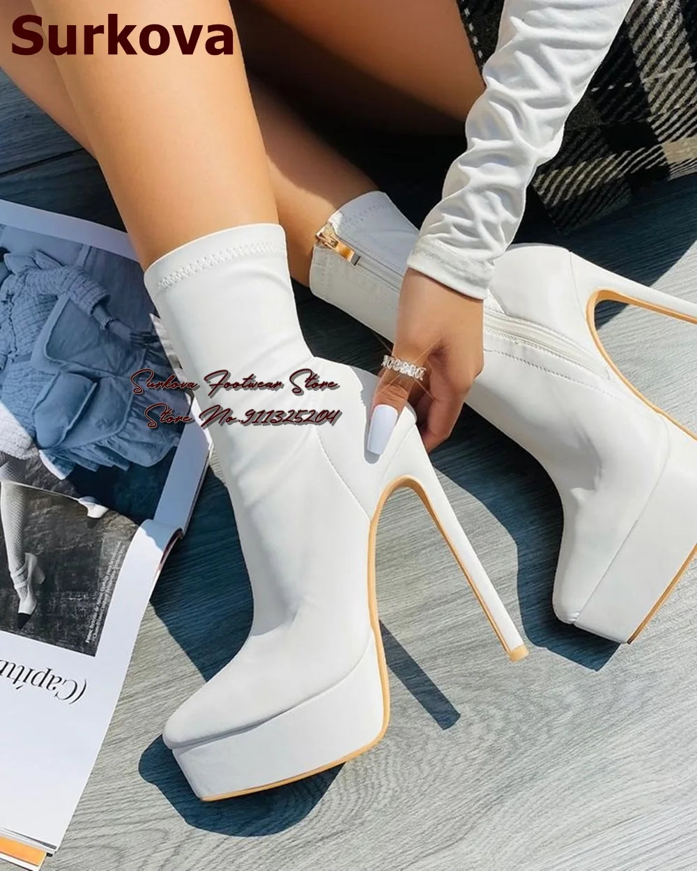 Surkova Black Pink White Matte Leather Platform Ankle Boots Thin High Heels Pointed Toe Short Booties Zipped Elegant Dress Shoes