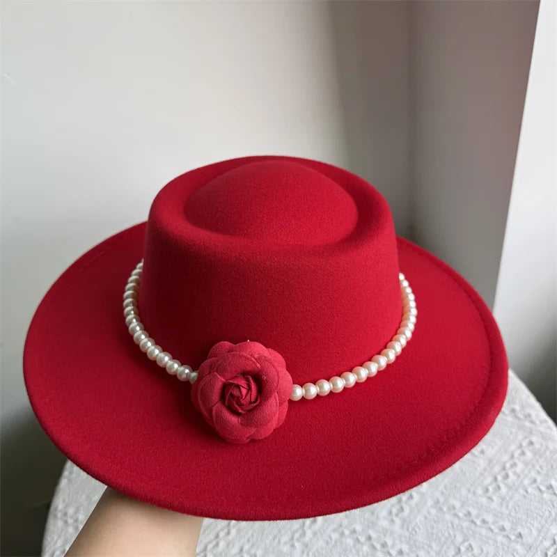 French Black Big Brim Top Hat Women Elegant Retro Style Flat-top Fedora Hat British Pearl Floral Wide Brim Hat Photography
