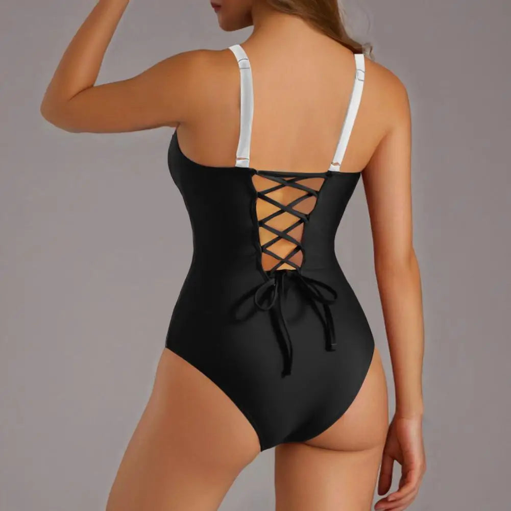 Women One-Piece Swimsuit Padded Gather Bra Lace-up Exposed Back Monokini Patchwork Color Belly-tightening Swimsuit