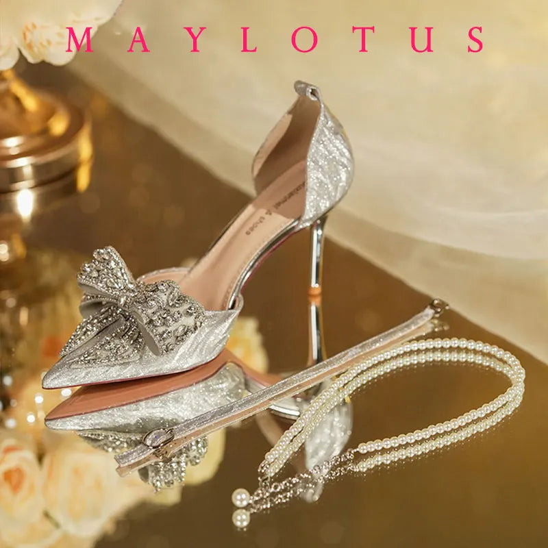 2025 Summer Fashion Pointed Toe Sandals Women's Rhinestone Pearl Butterfly Gold Silver High Heels Party Wedding Plus Size Shoes