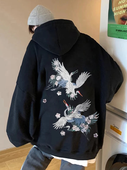 Autumn New Anime Crane Printed Pullover Hoodies For Men Hip Hop Fashion Graphic Hooded Sweatshirts Aesthetic Y2K Hoodie Clothes
