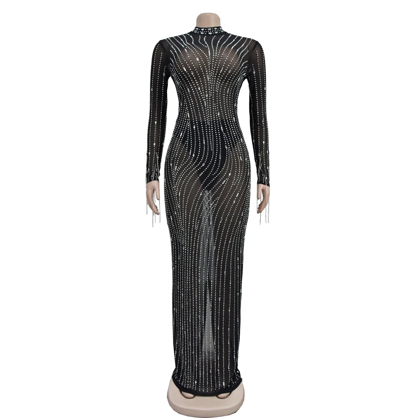 CM.YAYA 2024 Women Long Sleeve Mesh See Through Diamonds Hot Rhinestones Bodycon Dress Woman Maxi Long Evening Birthday Dresses