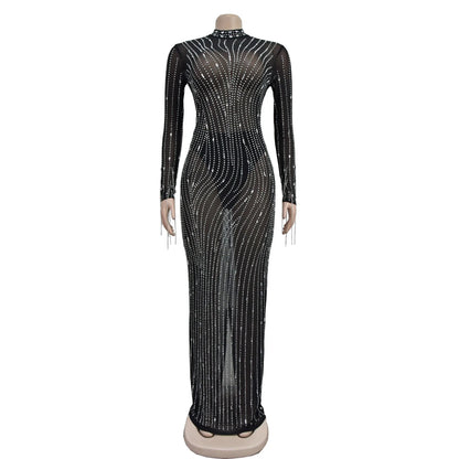 CM.YAYA 2024 Women Long Sleeve Mesh See Through Diamonds Hot Rhinestones Bodycon Dress Woman Maxi Long Evening Birthday Dresses