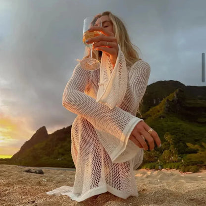 Women's Beach Vacation Hollow Out Long Sleeve Dress Knitted Backless Sunscreen Long Dress Fashion Casual Bikini Cover Up