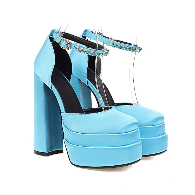 2022 Brand Women's Sandals 14.5CM Silk Thick Heels High Platform Rhinestone Small Big Size 32 43