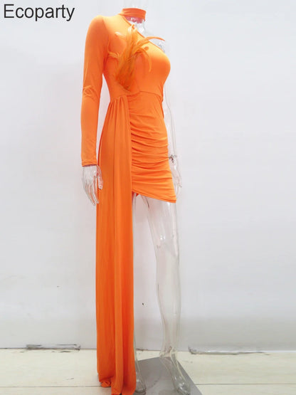 Temperament Women's Dresses Sexy Single Shoulder Feather Patchwork Long Straps Mini Dress Chic Solid Bodycon Party Dress Outfits