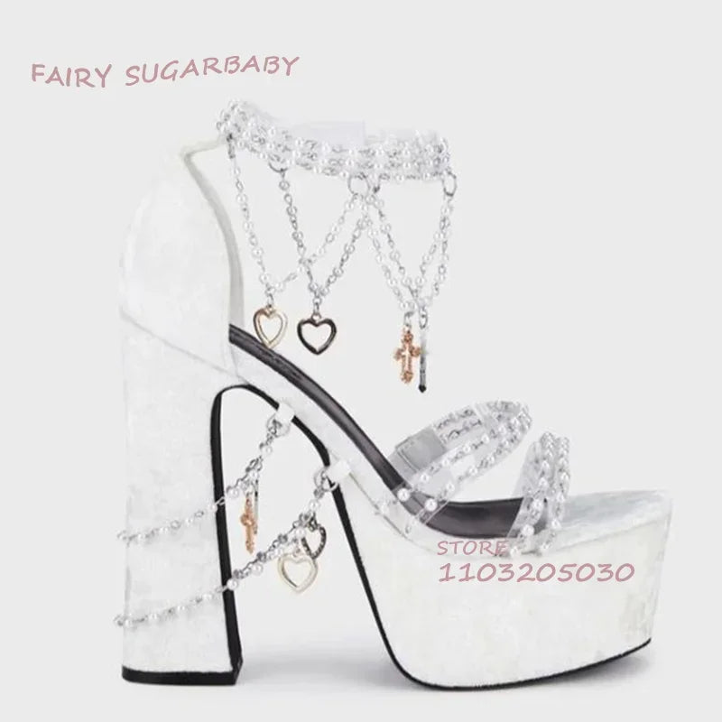 Lake Blue Suede Tassel Crystal Heels Girl Open Platform Pink Pvc Buckle Light Fringe Buckle String Pearls Shiny Dress Party Shoe