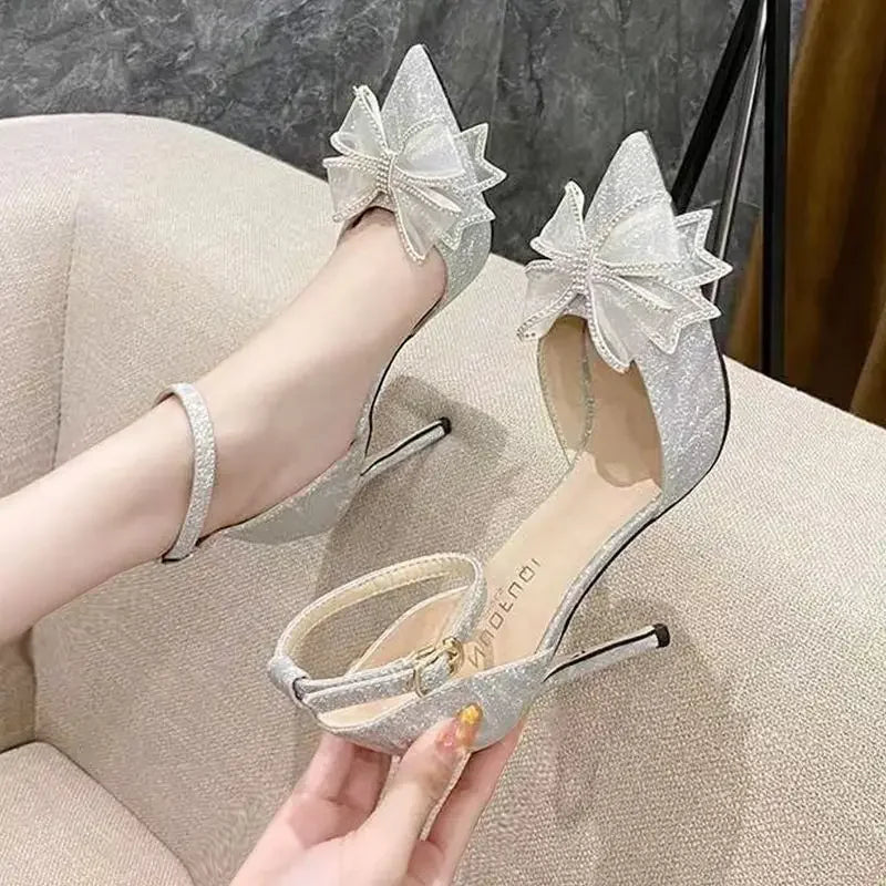 For Office Work High Heels Ladies Shoes Footwear Sandals Women Summer 2024 Thin Transparent Pointed Toe Open Silver Bow Comfort