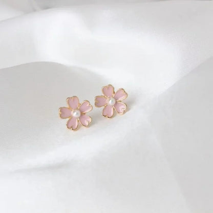 Sweet Pink Cherry Blossoms Sakura Flower Imitation Pearl Stud Earring for Woman Brincos Jewelry Orejeras Gift