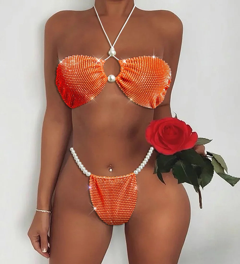 Sparkling Rhinestone Triangle Bikini Set Sexy Pearl Diamond Mesh Swimsuit Hollow Out Halter Bandage Women Swimwear Bathing Suit