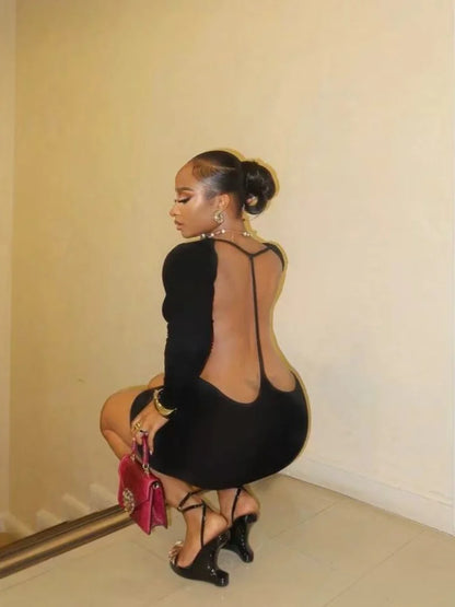 Joskaa Elegant Hollow Out Mini Black Dress Women Sexy O-Neck Long Sleeve Backless Body-Shaping Vestidos Autumn Party Clubwear