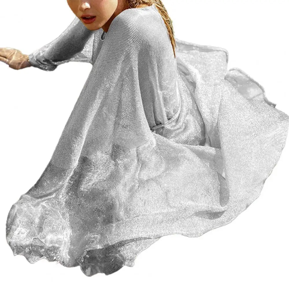 Breathable  Stylish Shine Mesh Sexy Bikini Cover Up Women Swimwear Coat Loose   for Beach