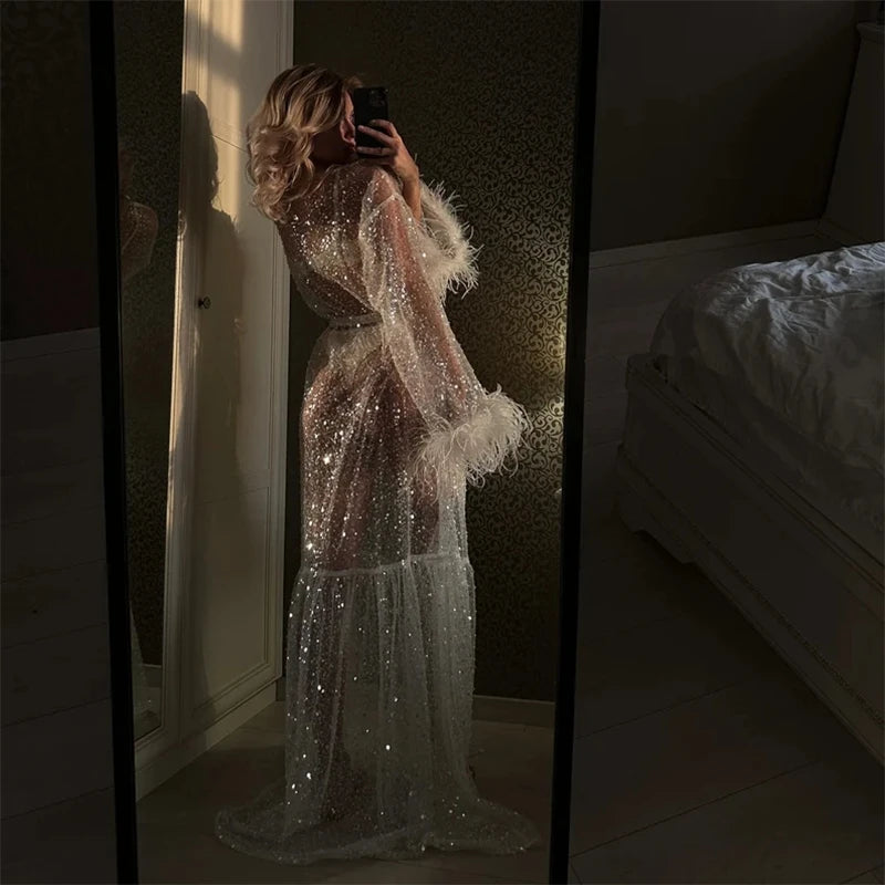 Women Bride's Wedding Morning Luxury Bridal Robe Dress Coquette Transparent Shiny Robe Maxi Dresses for Ladies Club Party