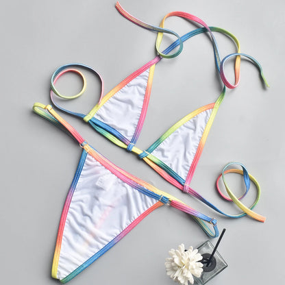 Women Bikini Sexy Three Point MultiColor Thin Straps Lace Up See Through Bikini Top + Panties Brazilian Biquinis
