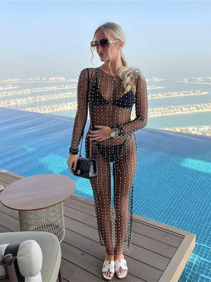 hirigin Women's Beach Bikini Cover Up Bathing Suit Fish Net Pearl Rhinestone Mesh See Through Swimsuit Beachwear Dresses