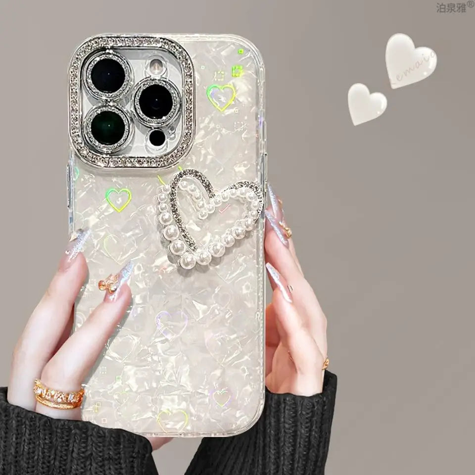 Bling Glitter Heart 3D Phone Case for iPhone 13 15 16 12 14 11 Pro Max Plus 16Pro Max Case Diamond Chain Pearl Protector Cover