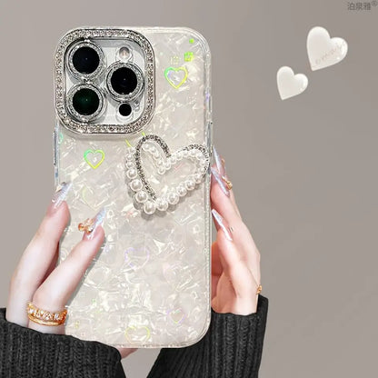 Bling Glitter Heart 3D Phone Case for iPhone 13 15 16 12 14 11 Pro Max Plus 16Pro Max Case Diamond Chain Pearl Protector Cover