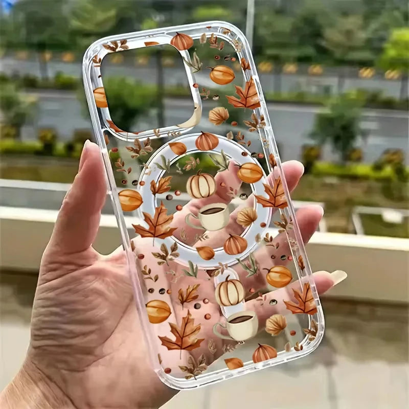 Pumpkin Autumn Leaves Magsafe Magnetic Phone Case For iPhone 17 Air 16e 16 Pro Max 15 14 Plus 13 12 Mini Transparent Back Cover