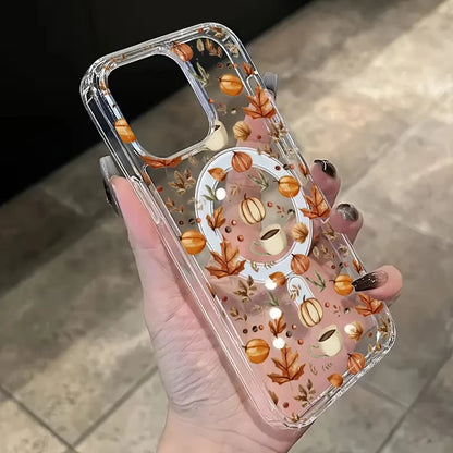 Pumpkin Autumn Leaves Magsafe Magnetic Phone Case For iPhone 17 Air 16e 16 Pro Max 15 14 Plus 13 12 Mini Transparent Back Cover