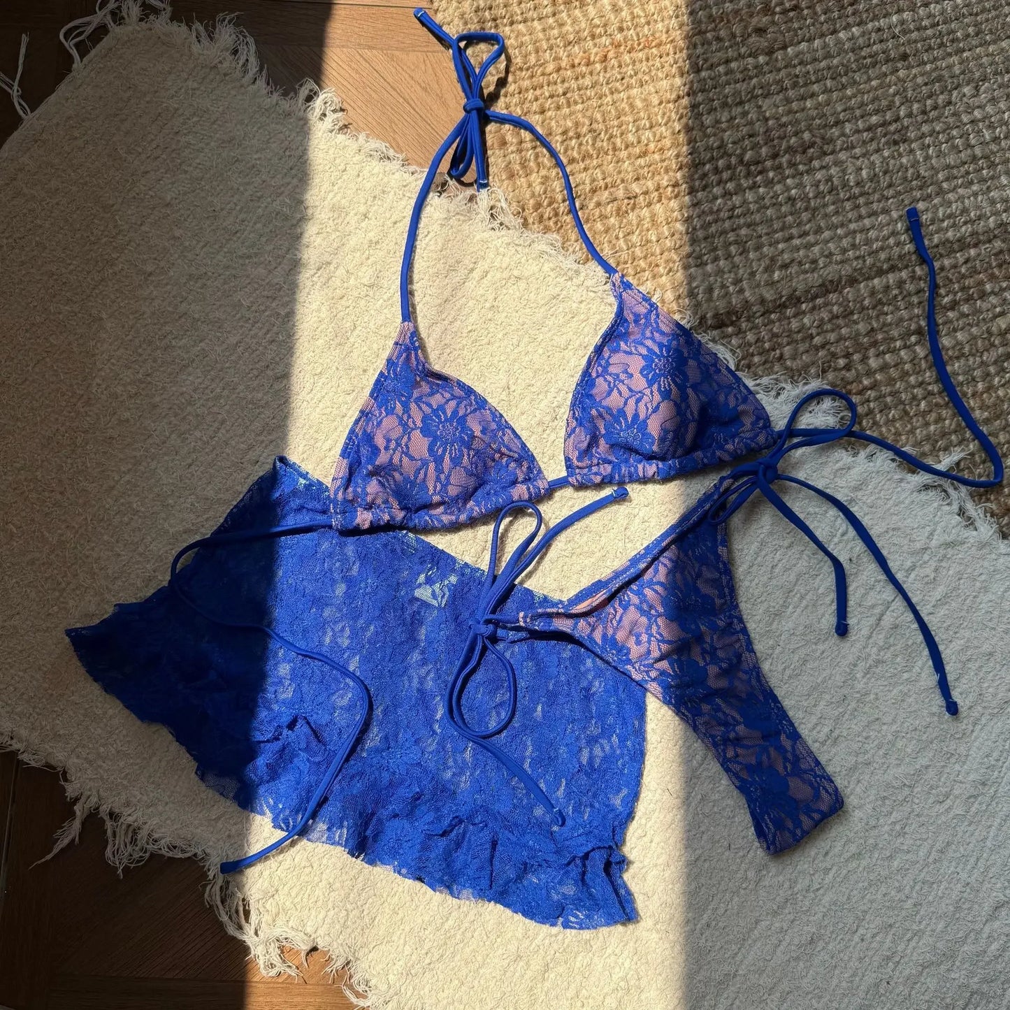 Sexy Lace Micro Mini String Halter Tie Bikinis Sets 3pcs with Ruffles Mini Skirt Black Red Color Swimwear Swimsuit Bathing Suit