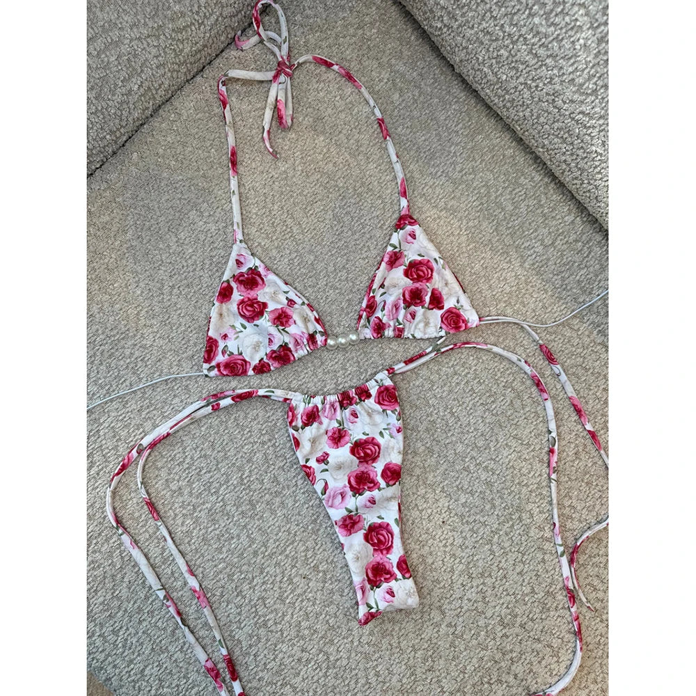 Micro Bikini 2025 Swimwear Women Swimsuit Sexy luxury Brazilian Bikini Set Halter Print Biquini Push Up Pearl Beachwear Female