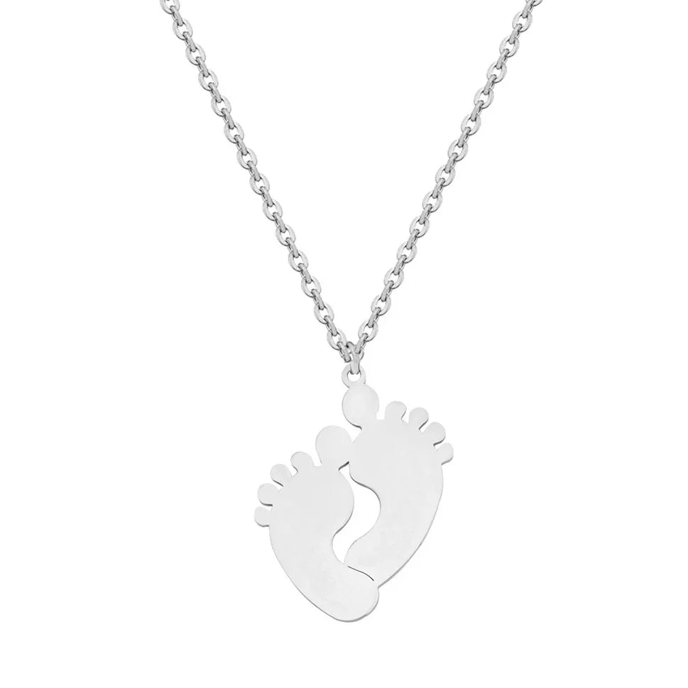Custom Engraved Stainless Steel Baby Feet Name & Birthday Pendant Necklace Personalization Included Text Woman Jewelry.