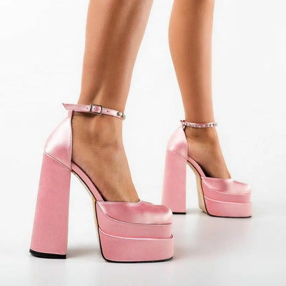 2025 New High Heels Candy Color Single Shoes Fashion Rhinestone Platform One Line With Thick Soled Women's Party Pumps