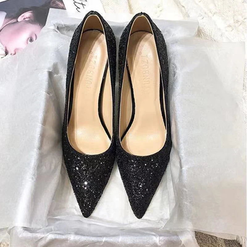 2022 Fashion Spring New Autumn Woman 9CM/7CM High Heels Silver Wedding Shoes Stiletto Pointed Toe Slip-on PU Bling Luxury Ladies