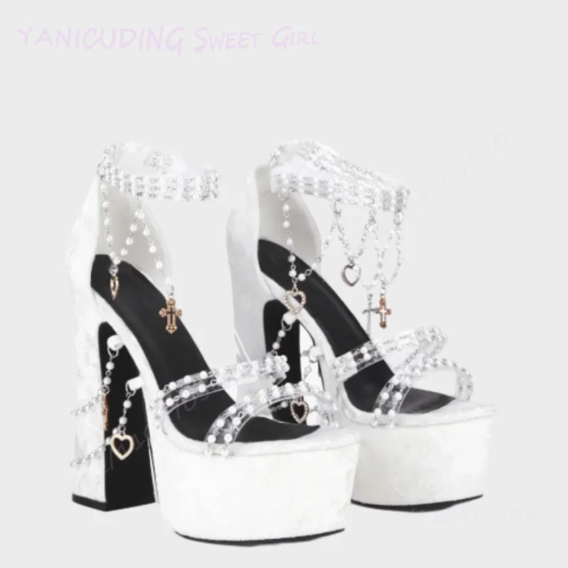 Taro Purple Suede Crystal Tassel Sandals Girls Cute Platform Open Heels Pink Round Toe Chunky Pearl String Ankle Lolita Shoes