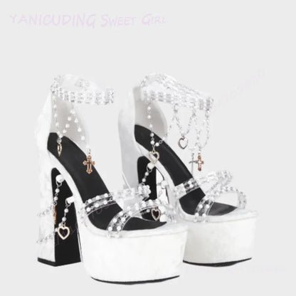 Taro Purple Suede Crystal Tassel Sandals Girls Cute Platform Open Heels Pink Round Toe Chunky Pearl String Ankle Lolita Shoes