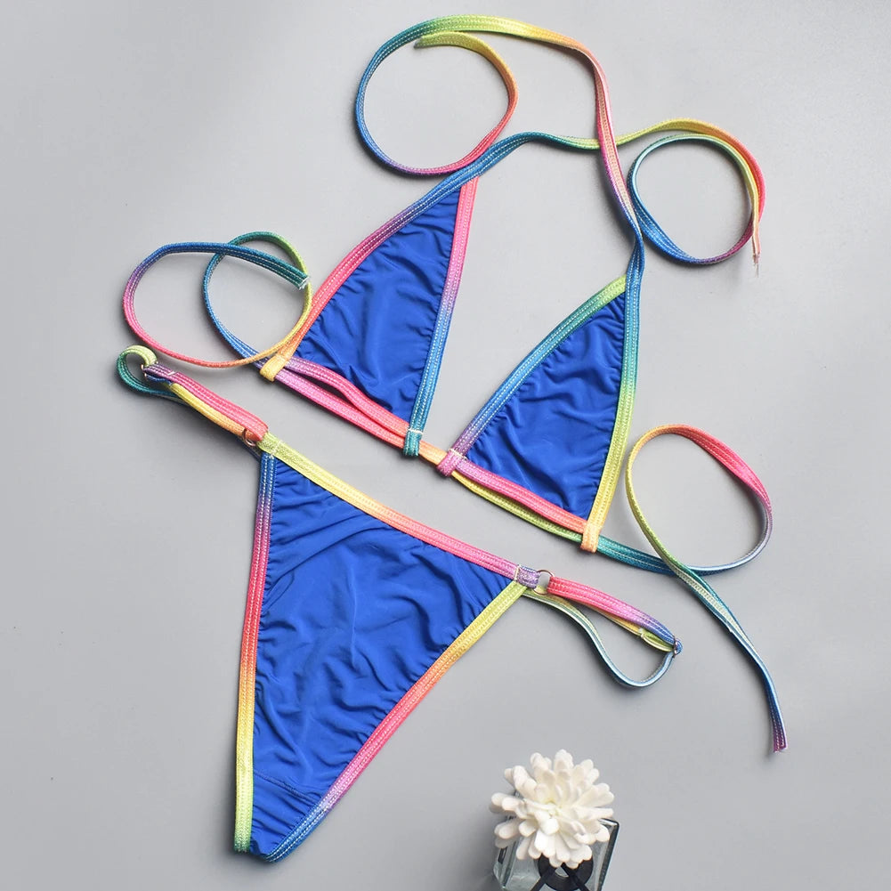 Women Bikini Sexy Three Point MultiColor Thin Straps Lace Up See Through Bikini Top + Panties Brazilian Biquinis