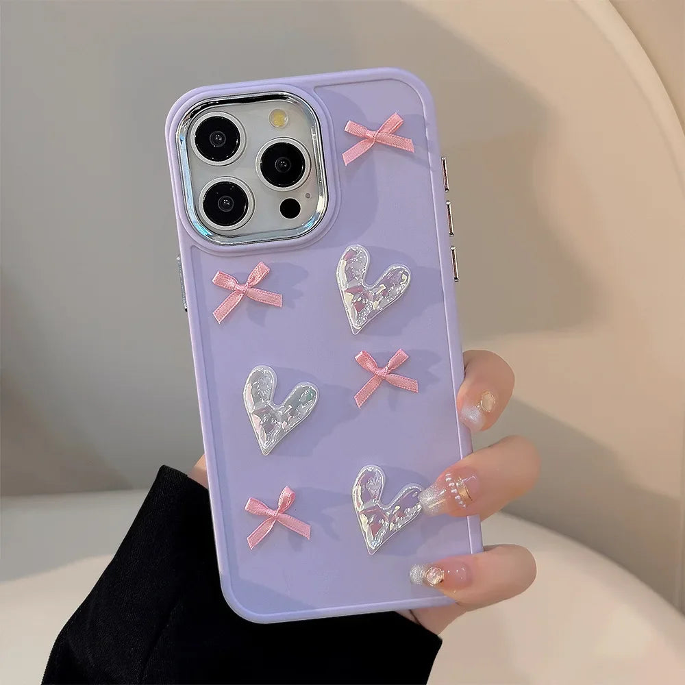3D Pink Love Heart Bow Phone Case for IPhone17 16 15 14 12 13 11 Pro ProMax Mini Plus X XR Shockproof Phone Cover