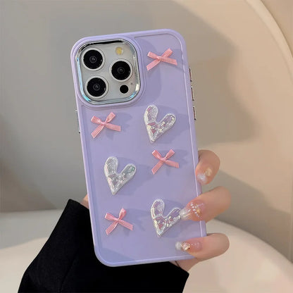 3D Pink Love Heart Bow Phone Case for IPhone17 16 15 14 12 13 11 Pro ProMax Mini Plus X XR Shockproof Phone Cover