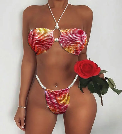 Sparkling Rhinestone Triangle Bikini Set Sexy Pearl Diamond Mesh Swimsuit Hollow Out Halter Bandage Women Swimwear Bathing Suit