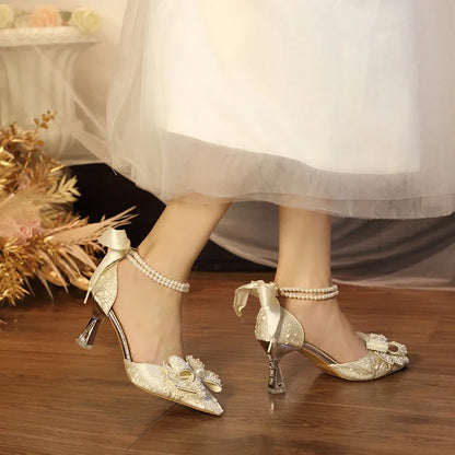 Women's New Wedding Pointed Toe Shallow Mouth Beaded Pearl Non-slip Sandals One Word Buckle Bow Baotou High Heels