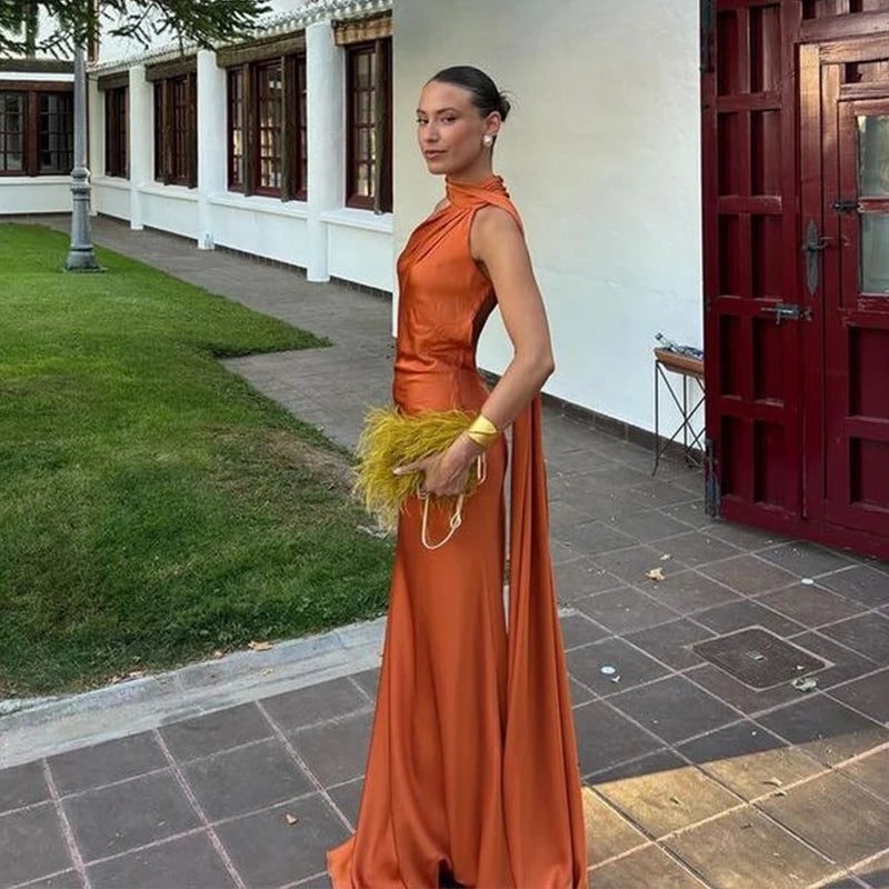 Elegant Women's Ribbon Long Satin Party Dress Halter Backless Sleeveless Female Dresses 2025 Summer Lady Solid Evening Gowns