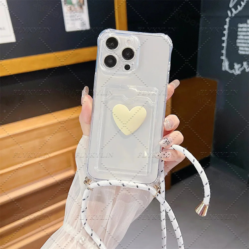 Crossbody Necklace Strap Cord Love Heart Card Holder Wallet Case For POCO X7 X6 X5 Pro X3 Xiaomi 14T 13T 12T 11 Lite Clear Cover