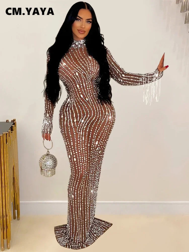 CM.YAYA 2024 Women Long Sleeve Mesh See Through Diamonds Hot Rhinestones Bodycon Dress Woman Maxi Long Evening Birthday Dresses
