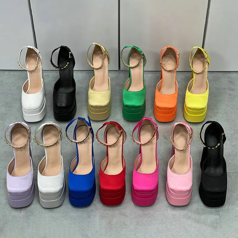 2025 New High Heels Candy Color Single Shoes Fashion Rhinestone Platform One Line With Thick Soled Women's Party Pumps