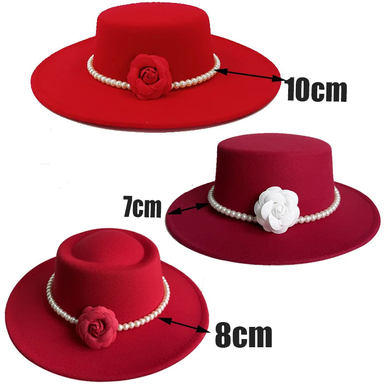 French Black Big Brim Top Hat Women Elegant Retro Style Flat-top Fedora Hat British Pearl Floral Wide Brim Hat Photography